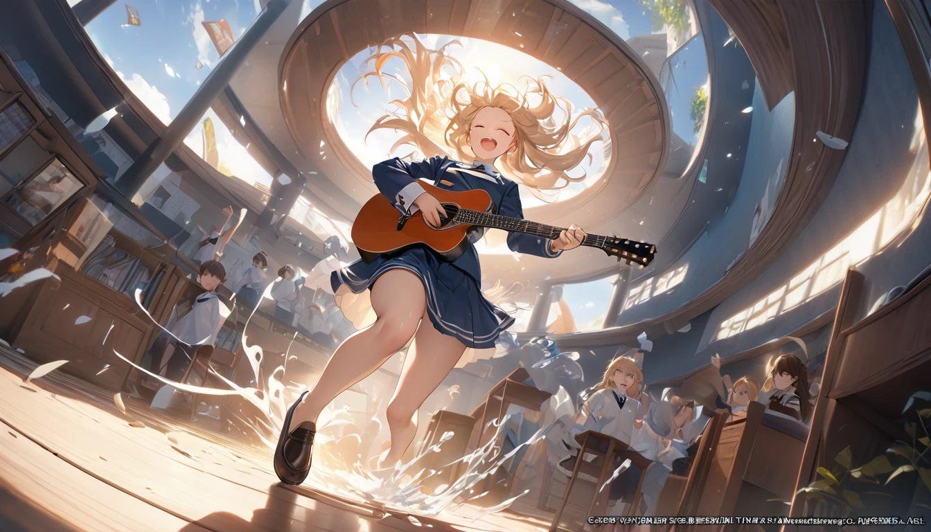 1womanl\(playing guitar on brooms,high school student,intense movements,(Dynamic Action:1.3),long braided hair,hair-color: blackw,high heels,hair floating,hair dancing strong,splashing suor,shining sun,seaman uniform,moccasins,cups,performance de guitarra,shouting out loud,eyes closed tightly\), fund\(behind the school building,the public are cats\),(dynamic angle), break ,品質\(8K,extremely detailed CG unit wallpaper, Masterpiece artwork,high resolution,top-品質,top-品質 real texture skin,hyperrealisti,Increase resolution,RAW Photos,melhor 品質,highy detailed,The wallpaper,cinematic lighting,ray tracing,golden ratio\)