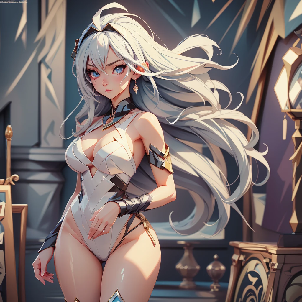 Adult anime girl with silver hair with dark blue highlights with long, detailed hair, and 1 elegant and subtle tattoo, feminine action, and white top, posing for a super sexy and provocative photo. A detailed portrait, with piercing light blue eyes, smooth and smooth skin, seductive, attractive and athletic female anime character, cg art, 4k anime style, realistic anime art style.