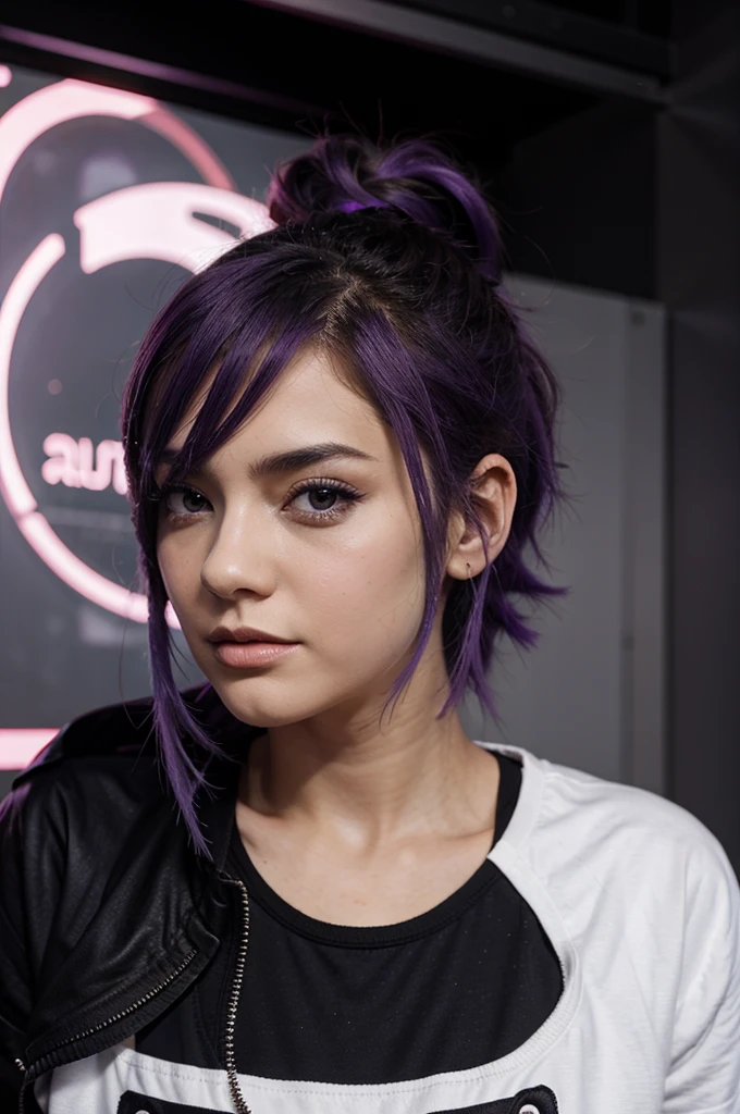 Funko pop girl with purple hair,anime and cyberpunk style