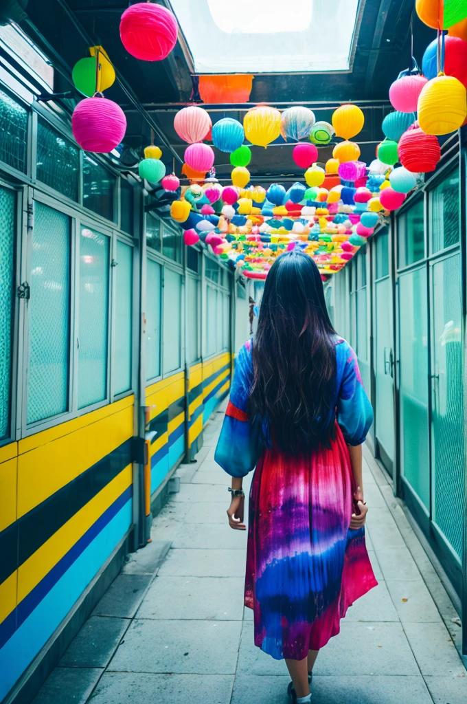 surrealism, manipulation photo, high detailed, digital art, indonesian beautiful girl , all her skin and hair made of a colorful inks , covered in colorful inks , infused by a colorful inks , flowing cloroful dress, made of of cloroful inks, walking on hallway of futuristic building , dynamic action