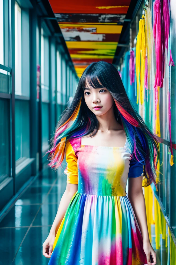 surrealism, manipulation photo, high detailed, digital art, indonesian beautiful girl , all her skin and hair made of a colorful inks , covered in colorful inks , infused by a colorful inks , flowing cloroful dress, made of of cloroful inks, walking on hallway of futuristic building , dynamic action