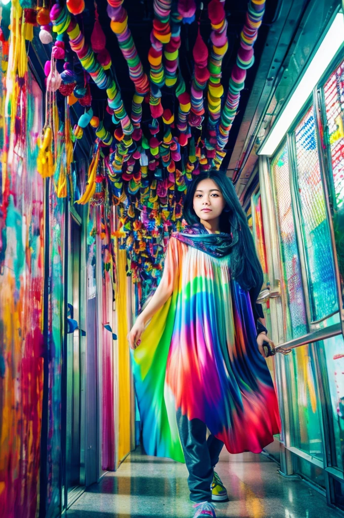 surrealism, manipulation photo, high detailed, digital art, indonesian beautiful girl , all her skin and hair made of a colorful inks , covered in colorful inks , infused by a colorful inks , flowing cloroful dress, made of of cloroful inks, walking on hallway of futuristic building , dynamic action
