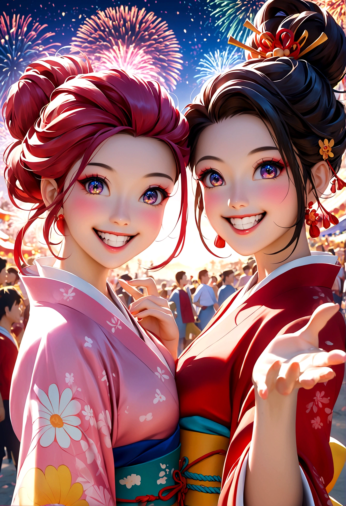 Top quality, 8K, masterpiece, Sharp focus, Beautiful Women in Perfect Shape, slim, (hairstyle: up), kimono, street: 1.2 ,Highly detailed face,Skin Texture, Delicate eyes, Random pose, (Smile),super cute Japan person,super beauty Japanese girl, Realistic face, Double eyelids,Summer Day Festival , Sunset , Beautiful Teeth , Fireworks background.