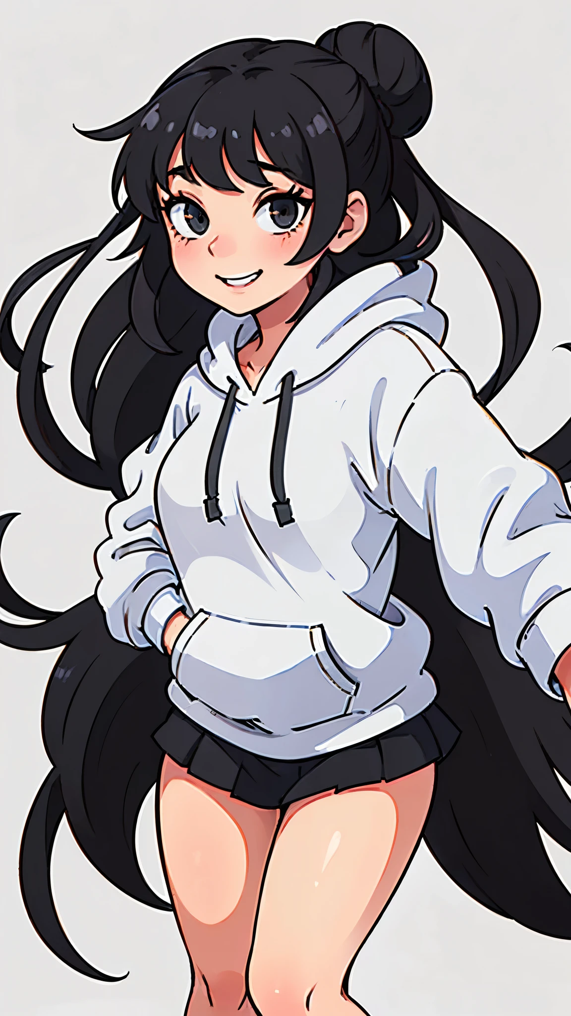 cute girl with long black hair in a bun wearing an oversized grey hoodie smiling shyly. White background. fullbody. no clipping.