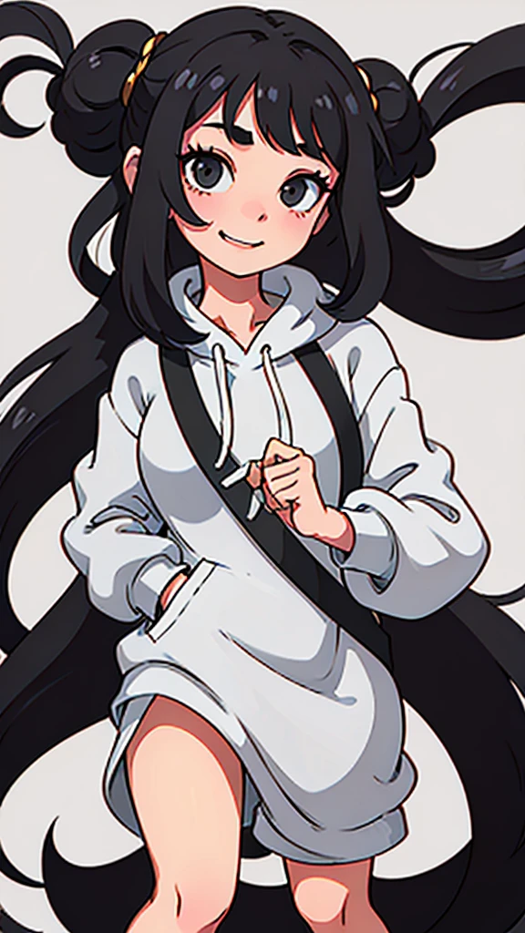 cute girl with long black hair in a bun wearing an oversized grey hoodie smiling shyly. White background. fullbody. no clipping.