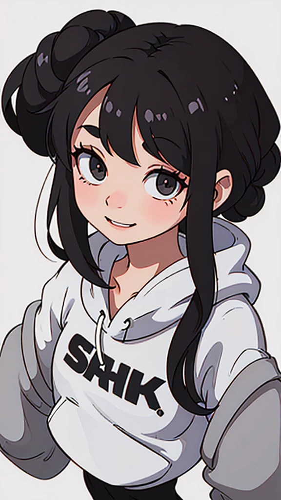 cute girl with long black hair in a bun wearing an oversized grey hoodie smiling shyly. White background. fullbody. no clipping. 