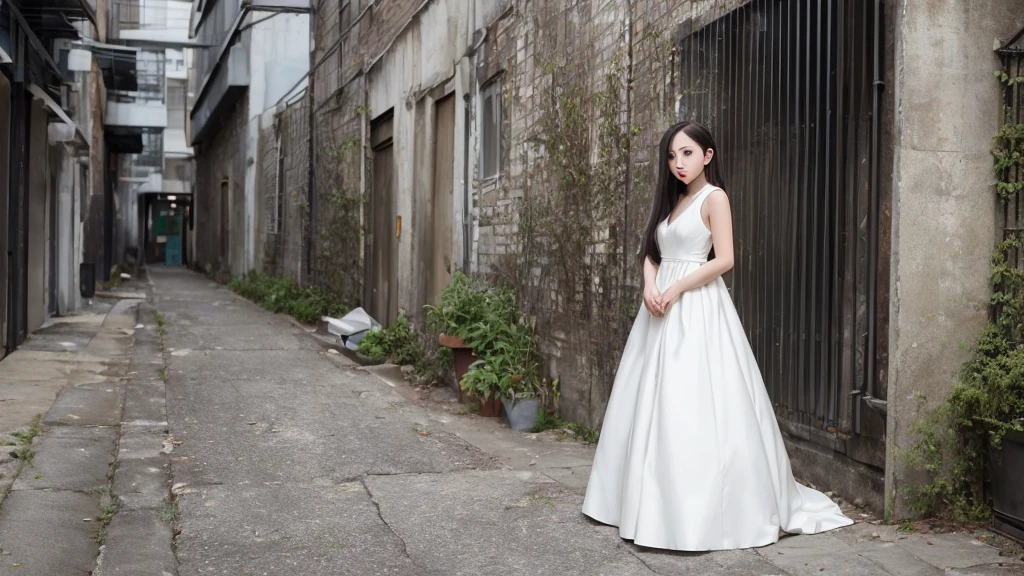((masterpiece, best quality)),female, alone, dress, standing, Open chest,halo, alley, outdoors, forehead, white dress, gray hair, long hair, black shoes, Industrial Pipes, looking at viewer, air conditioner,dark lighting, trash, trash bin, hxh2011 