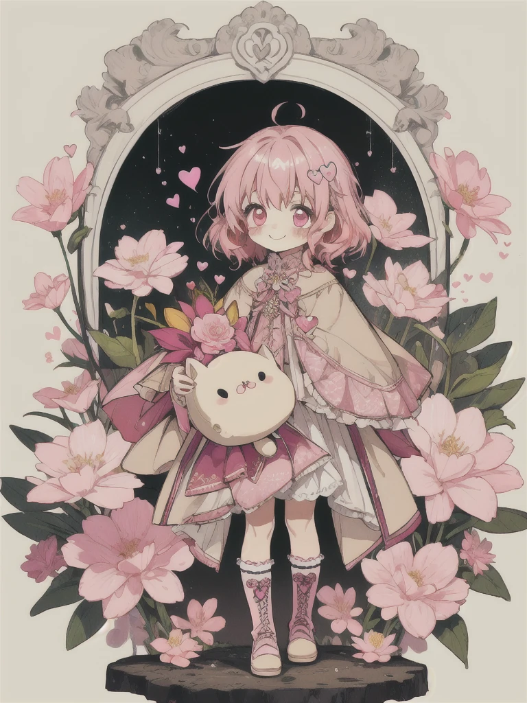 Chibi Chibi character,prince,Little cute boy,pink hair,beige medium hair and pink shadow,large shining pink eyes,laces,flowers,hearts,cute smile,standing on the stand,high quality, ultra detail,Chibi full body,full of length,standing stand,white background,super wide shot,super long shot