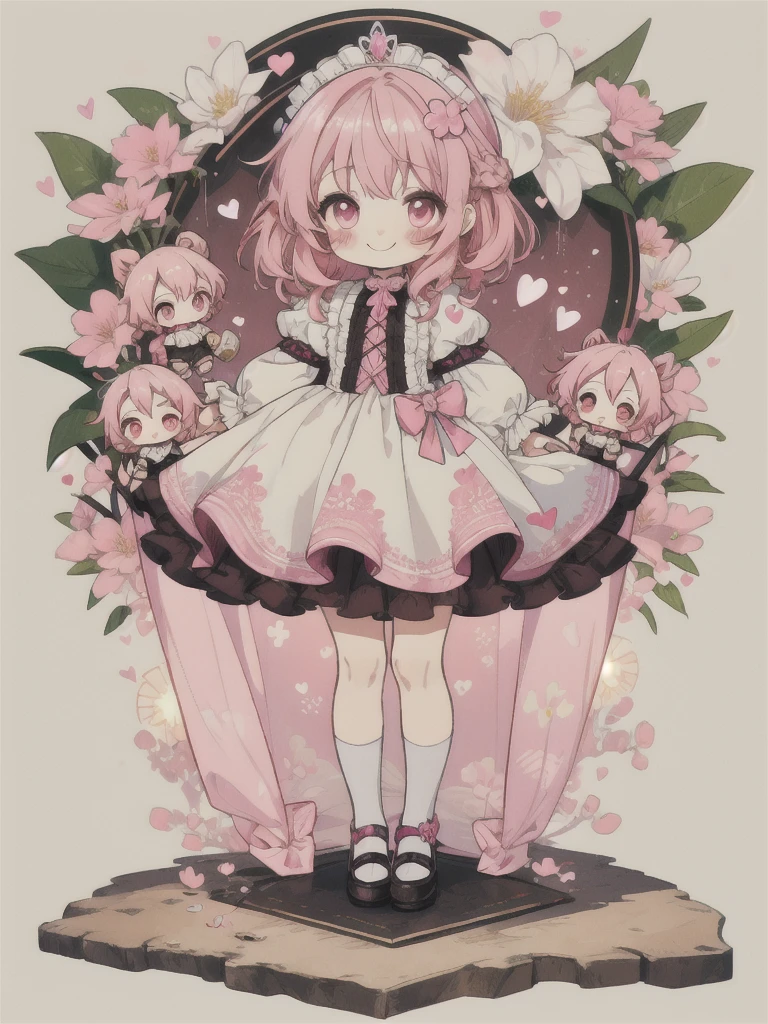 Chibi Chibi character,prince,Little cute boy,pink hair,beige medium hair and pink shadow,large shining pink eyes,laces,flowers,hearts,cute smile,standing on the stand,high quality, ultra detail,Chibi full body,full of length,standing stand,white background,super wide shot,super long shot