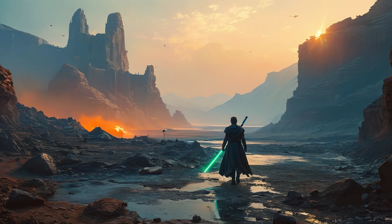 View a vast desert landscape bathed in golden twilight, evoking the iconic Star Wars look. In the center of the scene, a Jedi in a flowing cape stands silhouetted against the orange sky, your glowing blue lightsaber in your hand, pronto para enfrentar qualquer desafio. The ruins of an ancient civilization rise majestically in the background, and the remains of a fallen AT-AT adorn the landscape. The atmosphere is charged with expectation, as if an epic battle was about to begin.hyper realistic composition,32k resolution,cinematic composition,cinematic color grading.photography whit Phaseone 85mm,depth of field.pantones #CEDBE1#D3B9AO#73503C#A6826D#261B17
