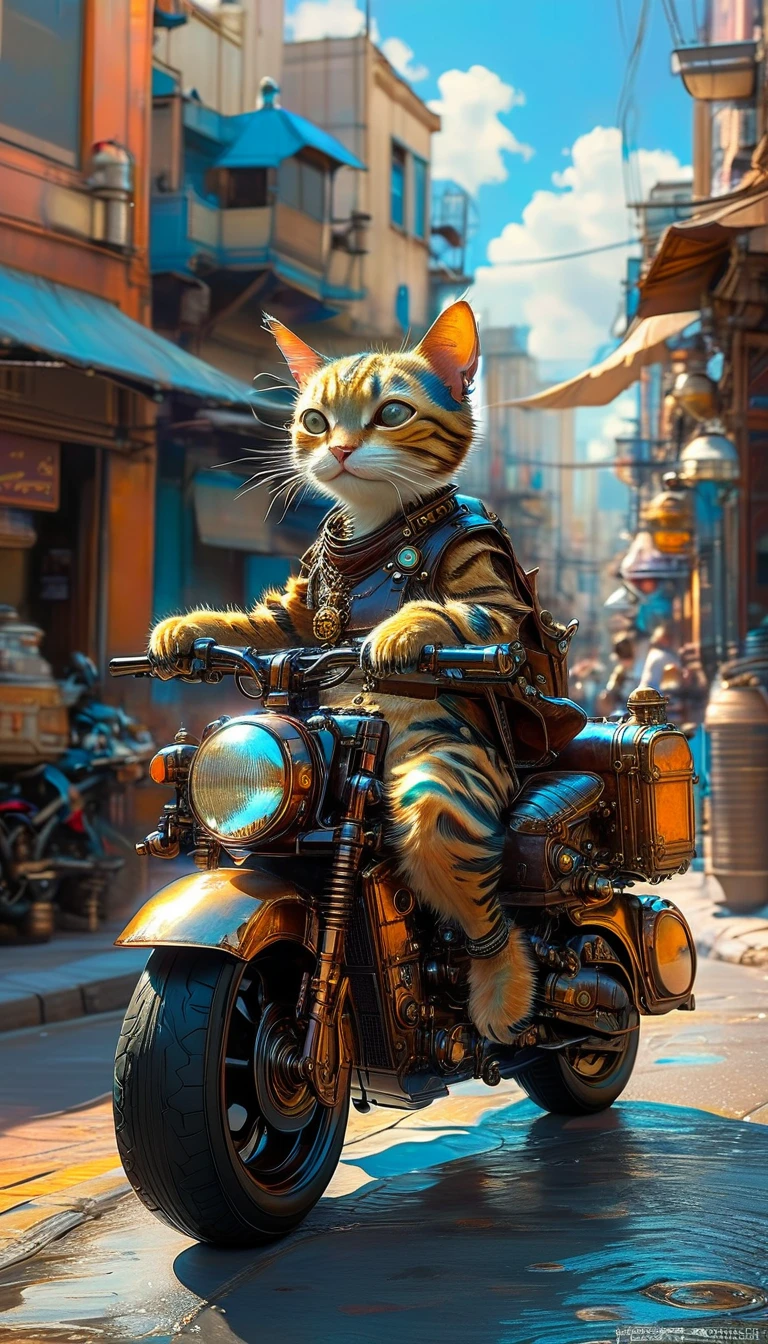 There is a cat riding a motorcycle on the street, Beep and jean giraud, Steampunk cat, Cyberpunk Cat, riding steampunk motorcycle, Tabaqui Monk, style hybrid mix of Beep, Craig Mullins Style, Ultra-realistic concept art, society ), Highly realistic concept art, Beep. Hyperrealism, Stunning photorealistic concept art
