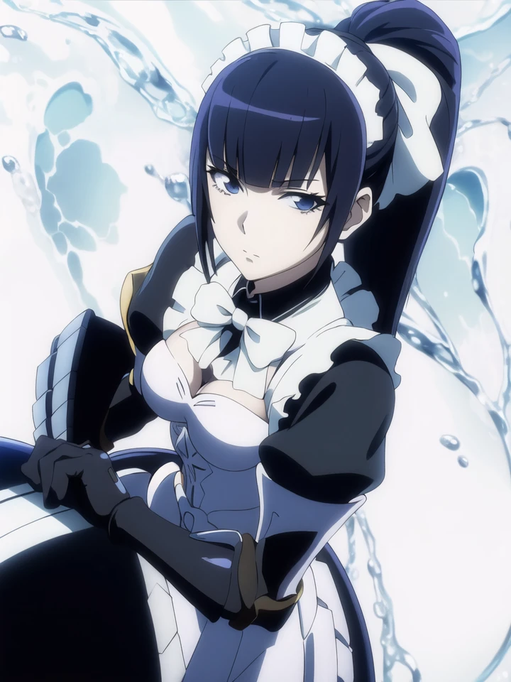 (((picture perfect))), (absurdres), 1girl, solo, narberal gamma, maid, armor, gloves, maid headdress, looking at viewer, expressionless