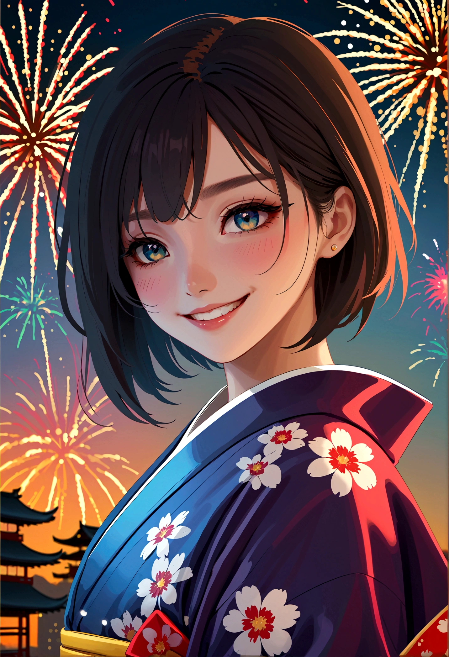 Top quality, 8K, masterpiece, Sharp focus, Beautiful Women in Perfect Shape, slim, (hairstyle: up), kimono, street: 1.2 ,Highly detailed face,Skin Texture, Delicate eyes, Random pose, (Smile),super cute Japan person,super beauty Japanese girl, Realistic face, Double eyelids,Summer Day Festival , Sunset , Beautiful Teeth , Fireworks background.