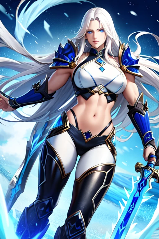 1woman, long wavy white hair, cobalt blue eyes, ice field, sword, muscles, voluptuous, thirties, leather armor, pants