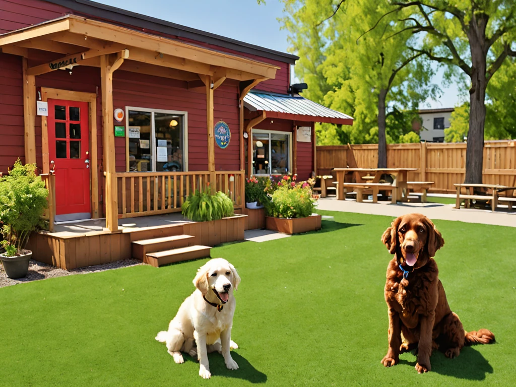 Please generate an exterior view of the therapy dog CAFE "Wonderful Wanda".
Building:
A warm, wooden building
Brown, wood-grain exterior
Green trees surrounding the building
Signage:
Colorful signs hanging on the building
The cafe's name, "Wonderful Wanda," is written on the signs
The signs use vibrant colors such as red, blue, and yellow
Entrance:
Two therapy dogs, a Labrador Retriever and a Standard Poodle, are sitting and greeting customers
The dogs have friendly expressions and are wagging their tails
Dog Run:
A spacious, fenced dog run area is located next to the cafe
The dog run has a grass surface and is equipped with various dog play equipment such as tunnels, ramps, and hurdles
Several dogs of different breeds are playing happily in the dog run
Other details:
A water fountain for dogs and benches around the building and dog run
Flower beds and green spaces in front of the cafe and surrounding the dog run
Sunlight warmly illuminating the building and dog run
Overall atmosphere:
Convey the impression of a warm, inviting cafe where people can interact with therapy dogs and a fun, engaging space for dogs to play
The wooden building, colorful signage, welcoming therapy dogs at the entrance, and the lively dog run create a space of healing, relaxation, and enjoyment for both humans and their furry companions
This prompt adds the detail of a spacious, fenced dog run area located next to the therapy dog CAFE "Wonderful Wanda". The dog run includes a grass surface, various dog play equipment, and several dogs of different breeds playing happily. The prompt also specifies the presence of a water fountain, benches, flower beds, and green spaces around both the cafe and the dog run. The overall atmosphere should convey a warm and inviting environment for people to interact with therapy dogs, as well as a fun and engaging space for dogs to play, promoting healing, relaxation, and enjoyment for both humans and their furry companions.