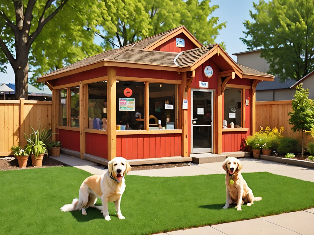 Please generate an exterior view of the therapy dog CAFE "Wonderful Wanda".
Building:
A warm, wooden building
Brown, wood-grain exterior
Green trees surrounding the building
Signage:
Colorful signs hanging on the building
The cafe's name, "Wonderful Wanda," is written on the signs
The signs use vibrant colors such as red, blue, and yellow
Entrance:
Two therapy dogs, a Labrador Retriever and a Standard Poodle, are sitting and greeting customers
The dogs have friendly expressions and are wagging their tails
Dog Run:
A spacious, fenced dog run area is located next to the cafe
The dog run has a grass surface and is equipped with various dog play equipment such as tunnels, ramps, and hurdles
Several dogs of different breeds are playing happily in the dog run
Other details:
A water fountain for dogs and benches around the building and dog run
Flower beds and green spaces in front of the cafe and surrounding the dog run
Sunlight warmly illuminating the building and dog run
Overall atmosphere:
Convey the impression of a warm, inviting cafe where people can interact with therapy dogs and a fun, engaging space for dogs to play
The wooden building, colorful signage, welcoming therapy dogs at the entrance, and the lively dog run create a space of healing, relaxation, and enjoyment for both humans and their furry companions
This prompt adds the detail of a spacious, fenced dog run area located next to the therapy dog CAFE "Wonderful Wanda". The dog run includes a grass surface, various dog play equipment, and several dogs of different breeds playing happily. The prompt also specifies the presence of a water fountain, benches, flower beds, and green spaces around both the cafe and the dog run. The overall atmosphere should convey a warm and inviting environment for people to interact with therapy dogs, as well as a fun and engaging space for dogs to play, promoting healing, relaxation, and enjoyment for both humans and their furry companions.