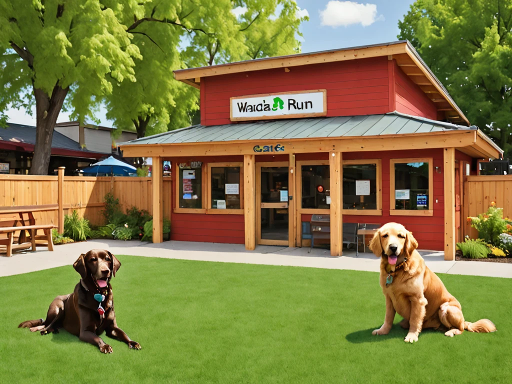 Please generate an exterior view of the therapy dog CAFE "Wonderful Wanda".
Building:
A warm, wooden building
Brown, wood-grain exterior
Green trees surrounding the building
Signage:
Colorful signs hanging on the building
The cafe's name, "Wonderful Wanda," is written on the signs
The signs use vibrant colors such as red, blue, and yellow
Entrance:
Two therapy dogs, a Labrador Retriever and a Standard Poodle, are sitting and greeting customers
The dogs have friendly expressions and are wagging their tails
Dog Run:
A spacious, fenced dog run area is located next to the cafe
The dog run has a grass surface and is equipped with various dog play equipment such as tunnels, ramps, and hurdles
Several dogs of different breeds are playing happily in the dog run
Other details:
A water fountain for dogs and benches around the building and dog run
Flower beds and green spaces in front of the cafe and surrounding the dog run
Sunlight warmly illuminating the building and dog run
Overall atmosphere:
Convey the impression of a warm, inviting cafe where people can interact with therapy dogs and a fun, engaging space for dogs to play
The wooden building, colorful signage, welcoming therapy dogs at the entrance, and the lively dog run create a space of healing, relaxation, and enjoyment for both humans and their furry companions
This prompt adds the detail of a spacious, fenced dog run area located next to the therapy dog CAFE "Wonderful Wanda". The dog run includes a grass surface, various dog play equipment, and several dogs of different breeds playing happily. The prompt also specifies the presence of a water fountain, benches, flower beds, and green spaces around both the cafe and the dog run. The overall atmosphere should convey a warm and inviting environment for people to interact with therapy dogs, as well as a fun and engaging space for dogs to play, promoting healing, relaxation, and enjoyment for both humans and their furry companions.