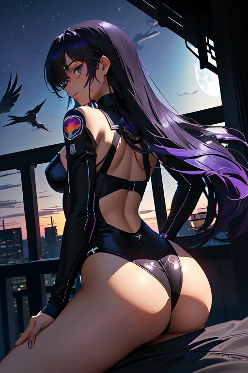 Ravena titans, sexy titans leotard, ((blackw, shorth hair, smooth ass, smooth ass)), 1 , sexly, Raven Titans Teenigh qualiy, showing ass, ultra detalhada, Moon Night, on a balcony, ((no coverage)), lying on a bed, Robin in classic uniform, enter the room, Raven is facing the camera
