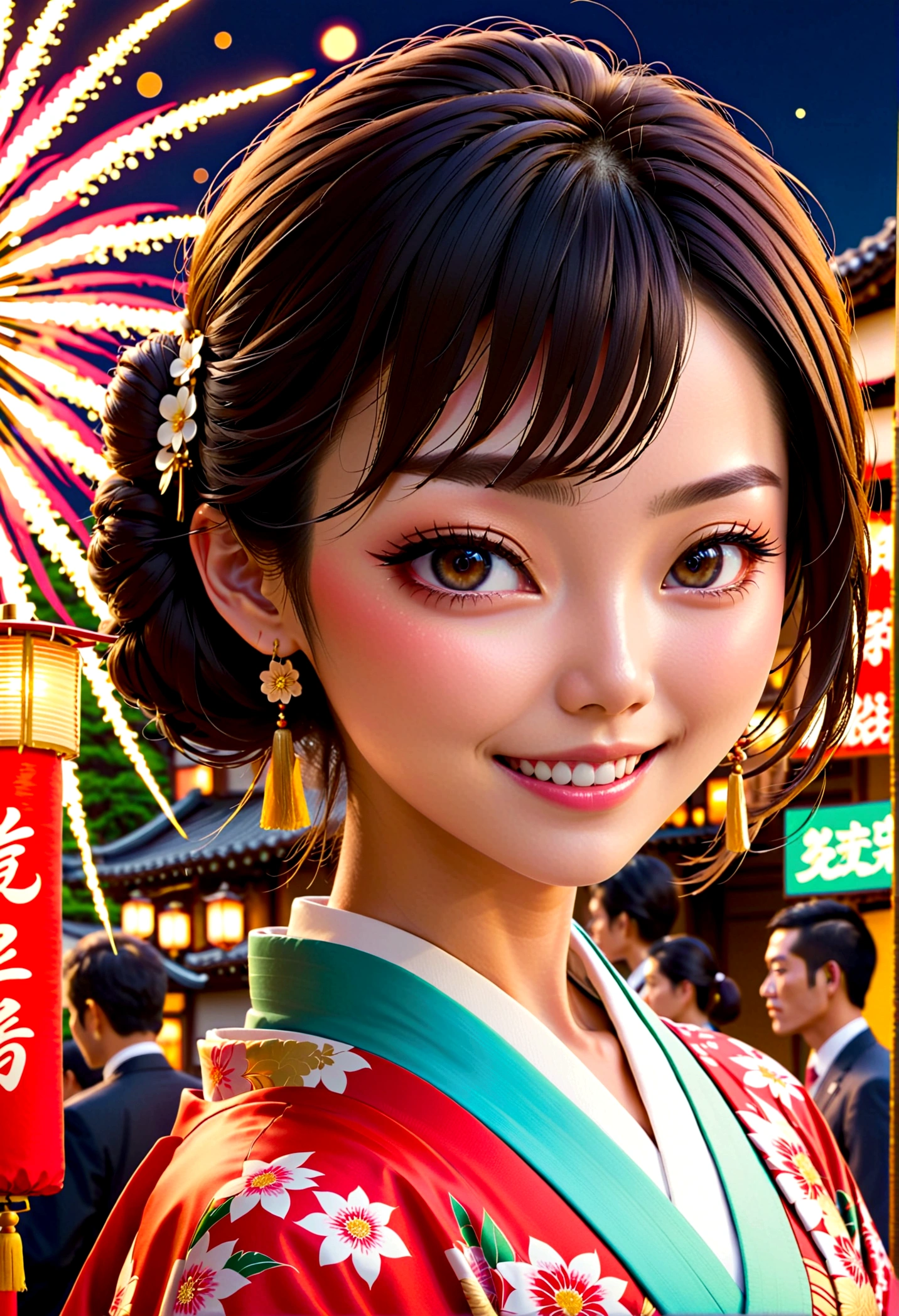Top quality, 8K, masterpiece, Sharp focus, Beautiful Women in Perfect Shape, slim, (hairstyle: up)), kimono, street: 1.2 ,Highly detailed face,Skin Texture, Delicate eyes, Random pose, (Smile),super cute Japan person,super beauty Japanese girl, Realistic face, Double eyelids,Summer Day Festival , Sunset , Beautiful Teeth , Fireworks background.