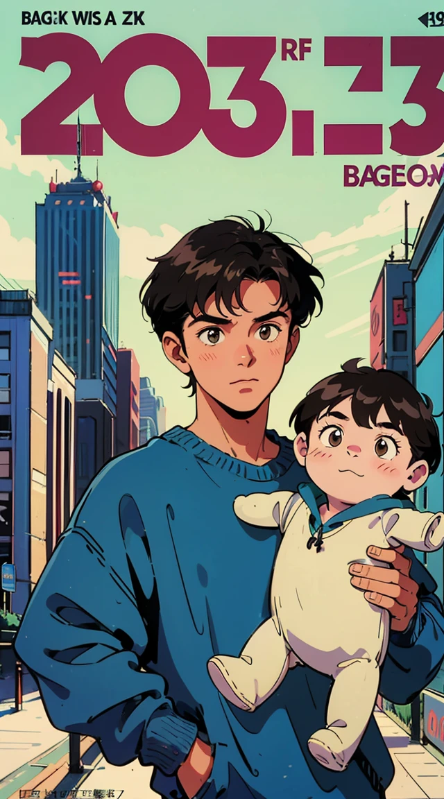 Best image quality, 1980s style animation, 21-year-old boy, black hair, light brown eyes, With a baggy sweatshirt, magazine cover, whole body , city , posing, With a cute otter doll