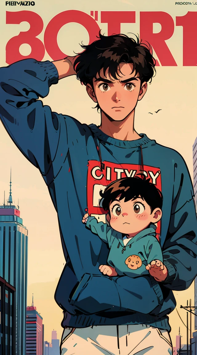 Best image quality, 1980s style animation, 21-year-old boy, black hair, light brown eyes,  With a baggy sweatshirt, magazine cover, whole body , city , posing, With a cute otter doll