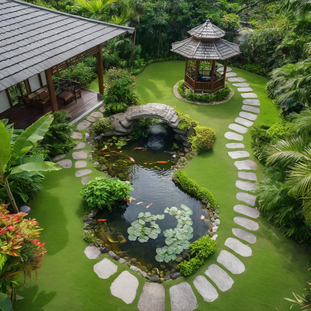 Moderntropicalgardern,aiaigroup, aerial view, outdoors, garden, tree, east asian architecture, rock, stone, flower, daylight