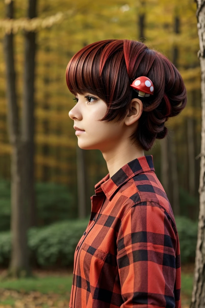 An anime with a mushroom hairstyle and a red plaid shirt