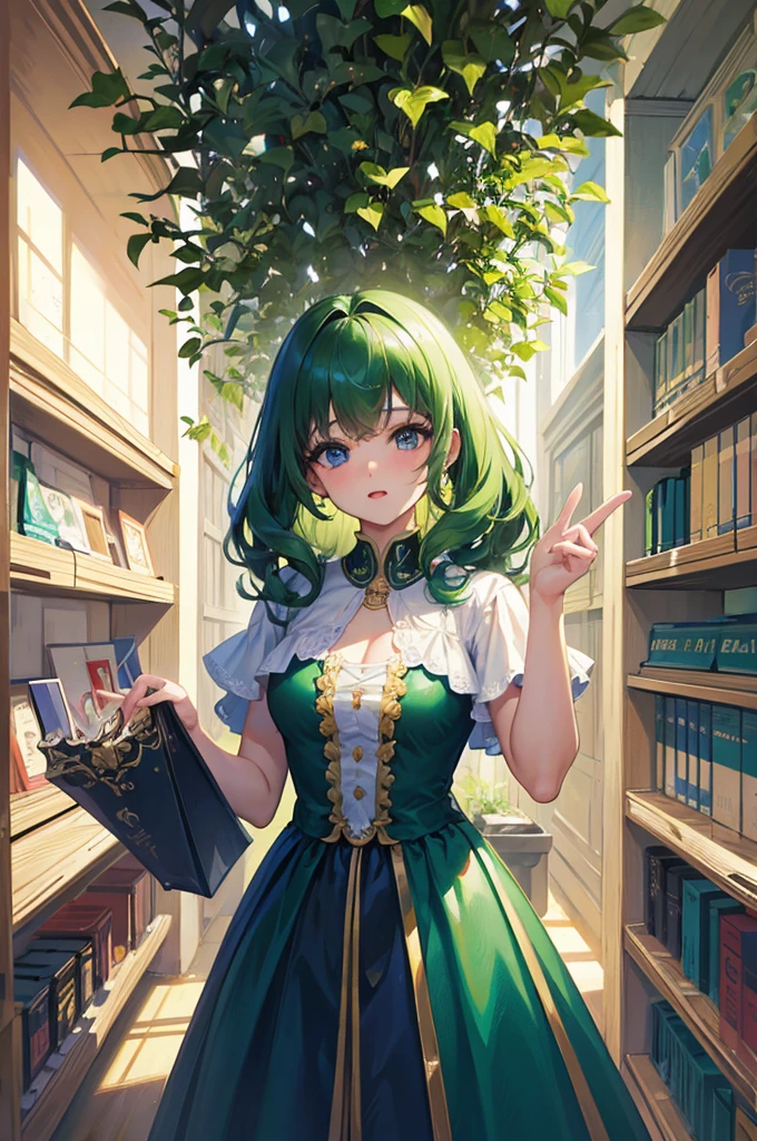 curly hair、８K, Highest quality, masterpiece, Ultra-detailed、curly hair、Shiny Hair、Green Hair、Medium Hair、full lips、Blue Eyes、１８Year-old beauty、Portrait、Library、、T-Shirts、