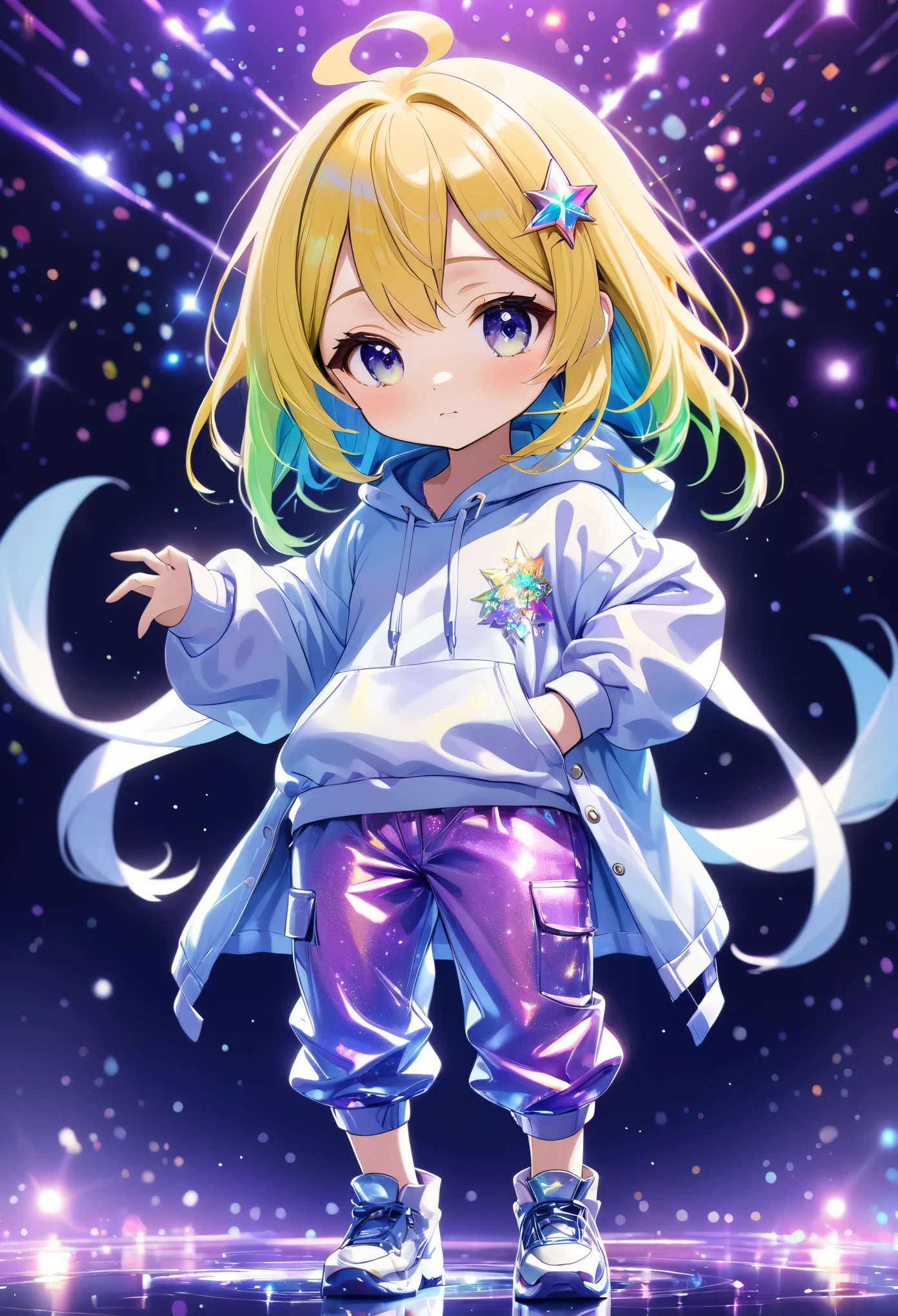 best quality, incredibly absurdres, extremely detailed, 2.5D, delicate and dynamic, chibi, cute girl, wearing baggy clothes, baggy pants, sparkly and vivid color effects, background another dimension