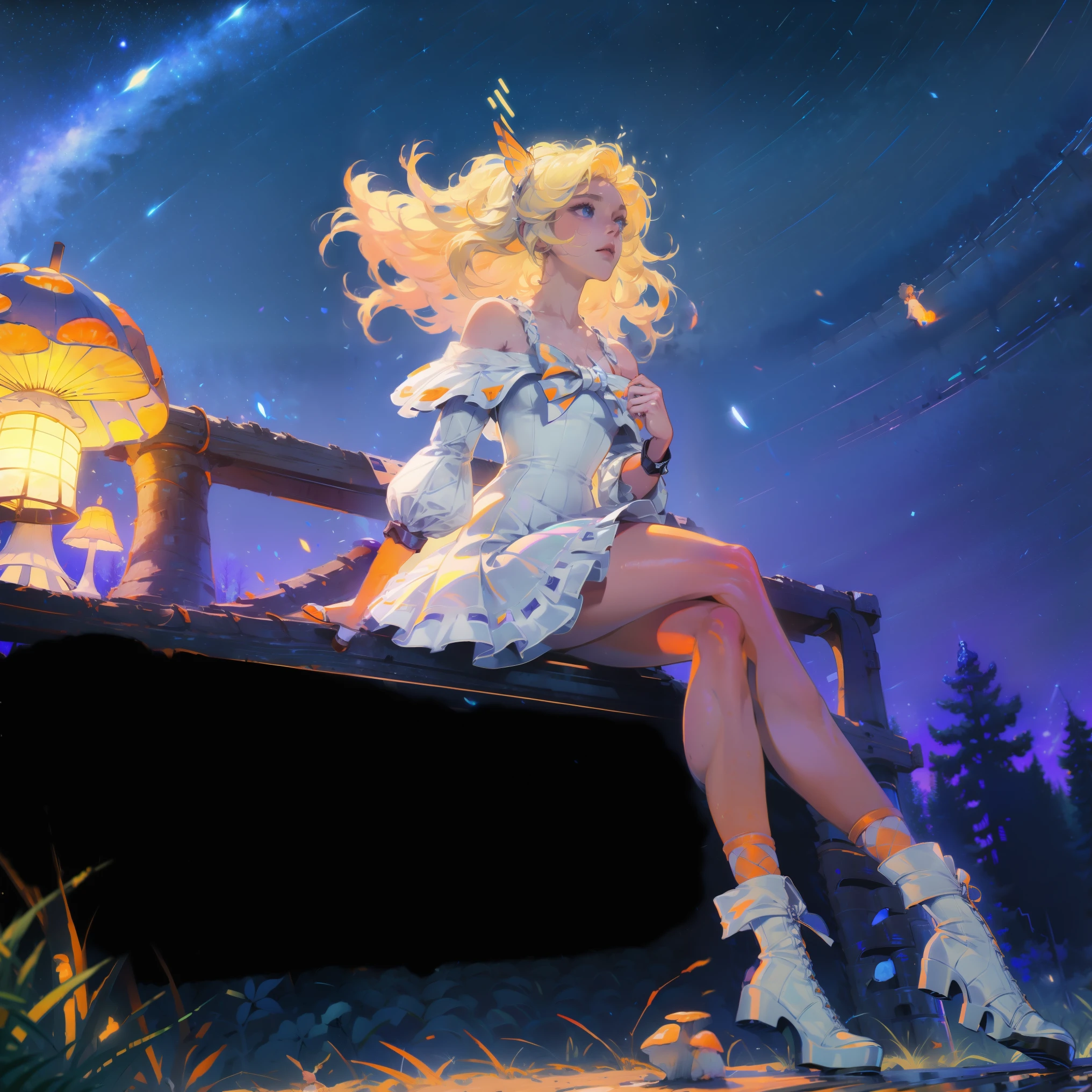 Abandoned station. A girl walking alone on the railroad tracks. The wind messed up her hair.，Anime girl with light blonde hair，With light blue eyes，Wearing an off-the-shoulder dress with puff sleeves，Sitting in the woods，Next to it is an orange mushroom，Surrounded by fireflies under the stars
