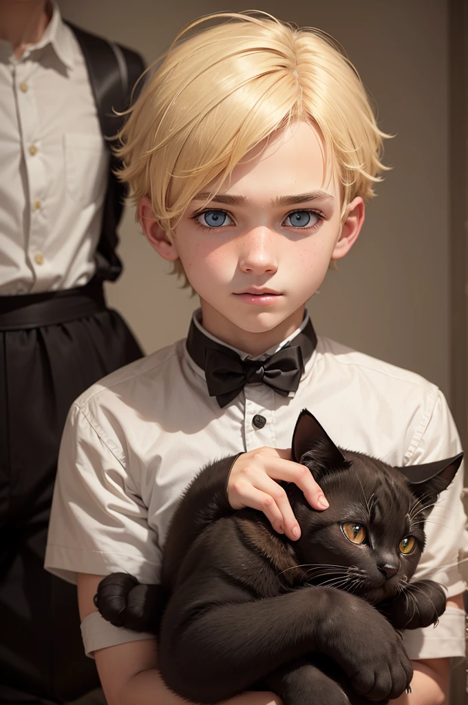 Boy with blonde hair and brown eyes, his eyes show excitement. And love, while he holds in his hands a big black cat, all hurt, who looks at him cautiously but with eyes bright with excitement.