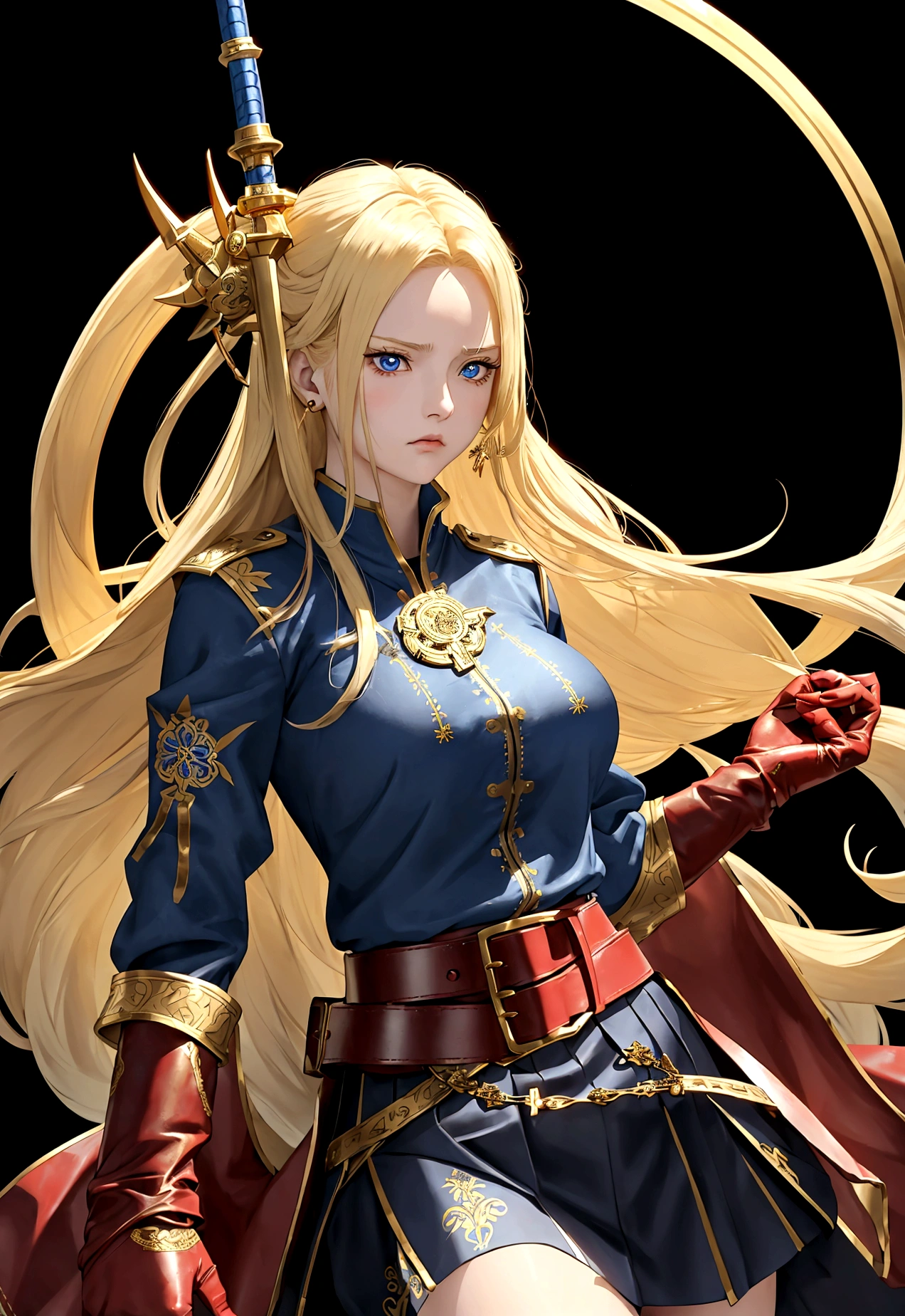 20-year-old anime girl, long blonde hair, blue eyes, angry expression, long dark blue skirt with gold embroidery at the hem, old-fashioned blue blouse with long fitted sleeves, adorned with red details, red leather gloves that reach her elbows, dark brown leather boots that reach mid-calf, leather belt adorned with a golden buckle and red details, her weapon is a huge greatsword with a gold and red decorated handle, hanging on her back in an ornate sheath. 