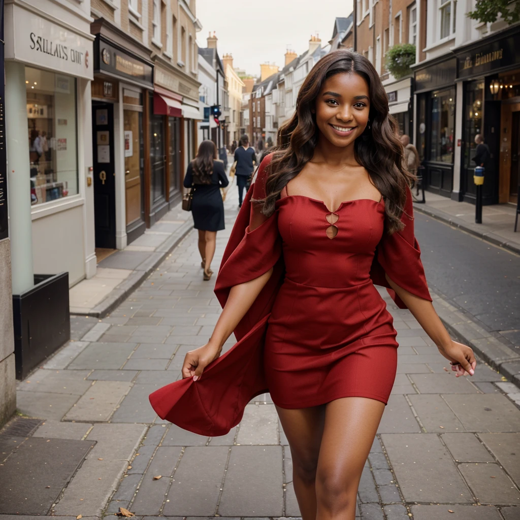 Beautiful woman with brown skin, with medium brown wavy hair, smiling while walking on the streets of London. Wearing a red dress, haute couture. Realistic image and 4k UHD quality