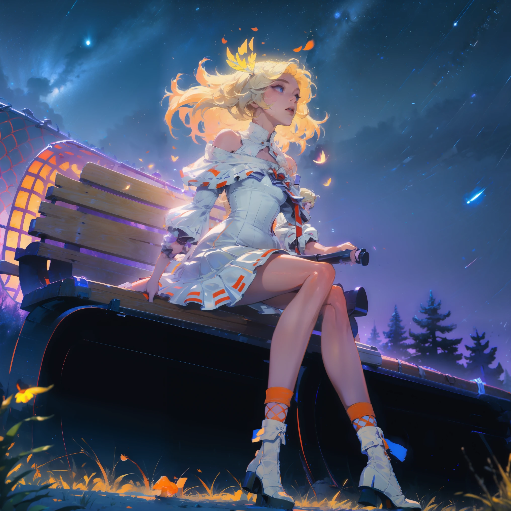 Abandoned station. A girl walking alone on the railroad tracks. The wind messed up her hair.,Anime girl with light blonde hair,With light blue eyes,Wearing an off-the-shoulder dress with puff sleeves,Sitting in the woods,Next to it is an orange mushroom,Surrounded by fireflies under the stars