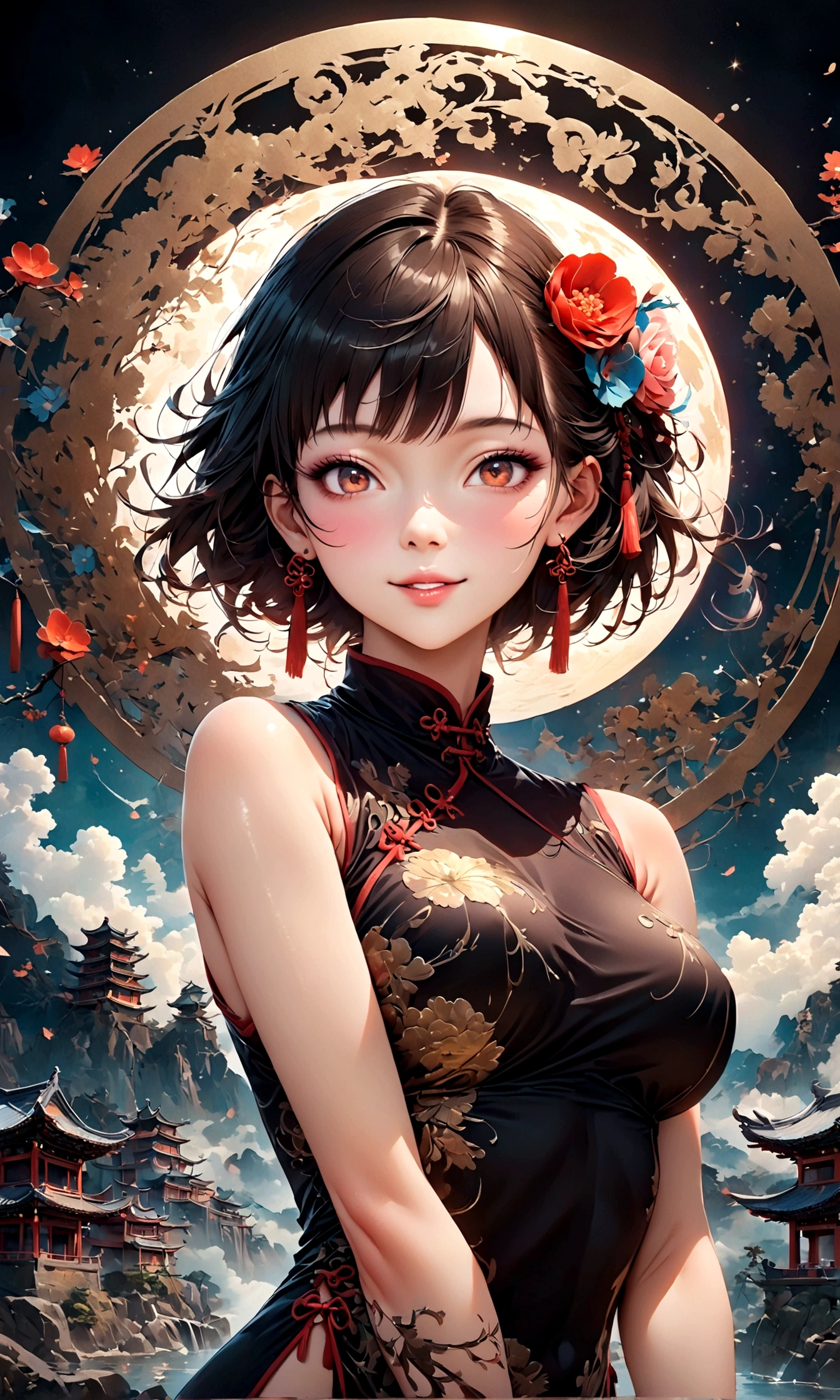 A fantastic view of Chinatown,赤い提灯の温かいLight,Modern and historic,Fantastic and dreamy landscape,Light,風景の中にChina dressの女性が1人います,She is charming and beautiful、まるで上海のnightを象徴するかのようです,Realistic skin texture,dewy skin,Photorealistic,BREAK,豪華な刺繍が施されたChina dress,A masterpiece created by designers,The best configuration,Light and Dark,BREAK,,(masterpiece:1.3),(highest quality:1.4),(ultra detailed:1.5),High resolution,extremely detailed,unity 8k wallpaper,Intricate details,Wide range of colors,artwork,rendering,(masterpiece:1.3),(highest quality:1.4),(Super detailed:1.5),High resolution,Very detailed,unity 8k wallpaper,Draw artistic background,Chinese style,Traditional,Absurd beauty,Zentangle,幻想的で美しいnightのチャイナタウン,night,美しいLightと影,Sparkling,Anatomically correct,Structurally correct,Use gold leaf,China dress,gel lip,eyelash,Charming smile,Portrait Shot,Perfect proportions,Perfect Face,Half Asian and half Caucasian,clear skin