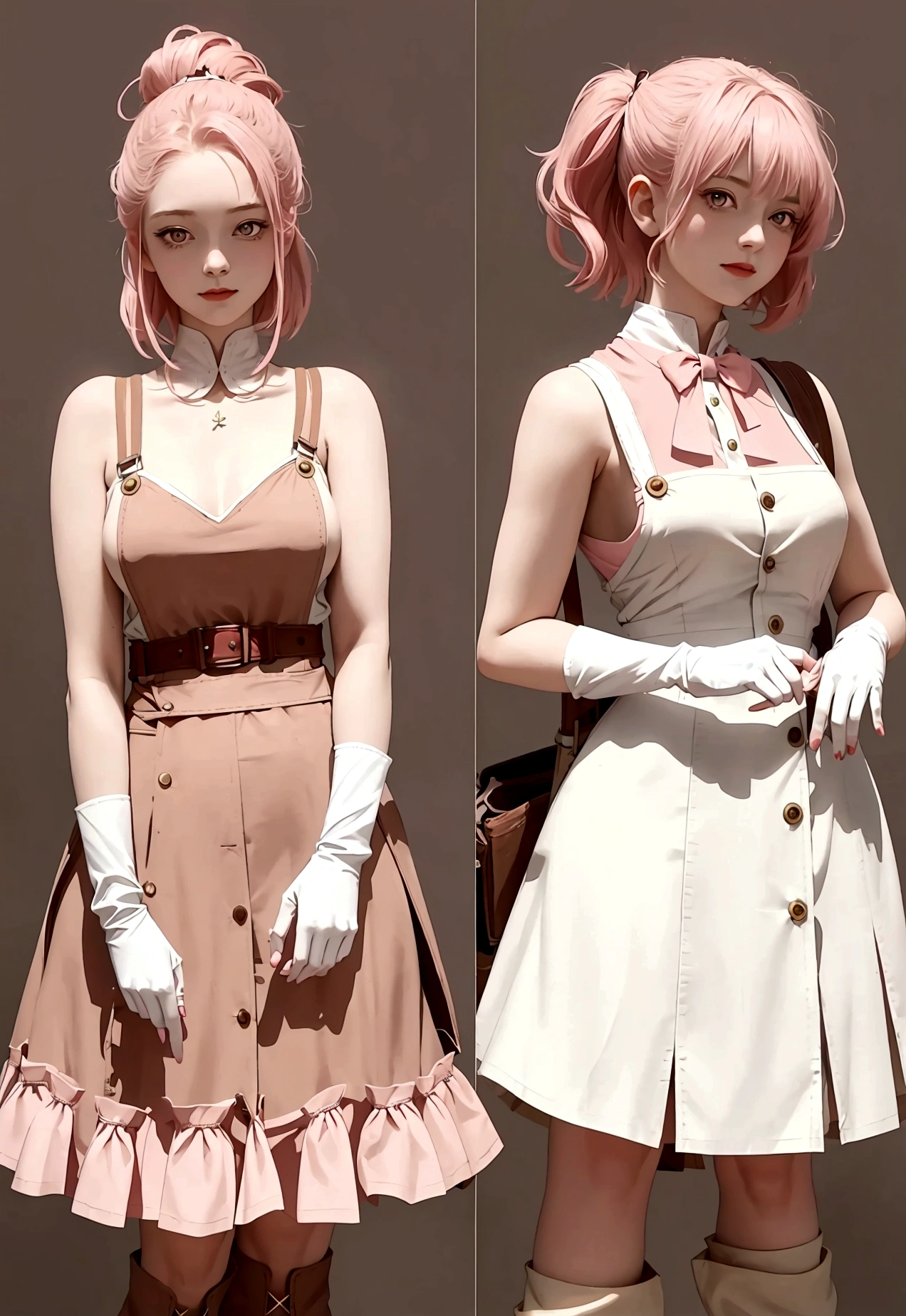 20 years old, with short pink hair just below the shoulders, pale pink eyes, and an expression that is serious yet happy. She dresses in an antique style, wearing a long light brown skirt, a sleeveless white blouse with a vertical red line down the center on the buttons, brown gloves, and high boots with many straps. Her weapons are hundreds of needles connected by thread. 