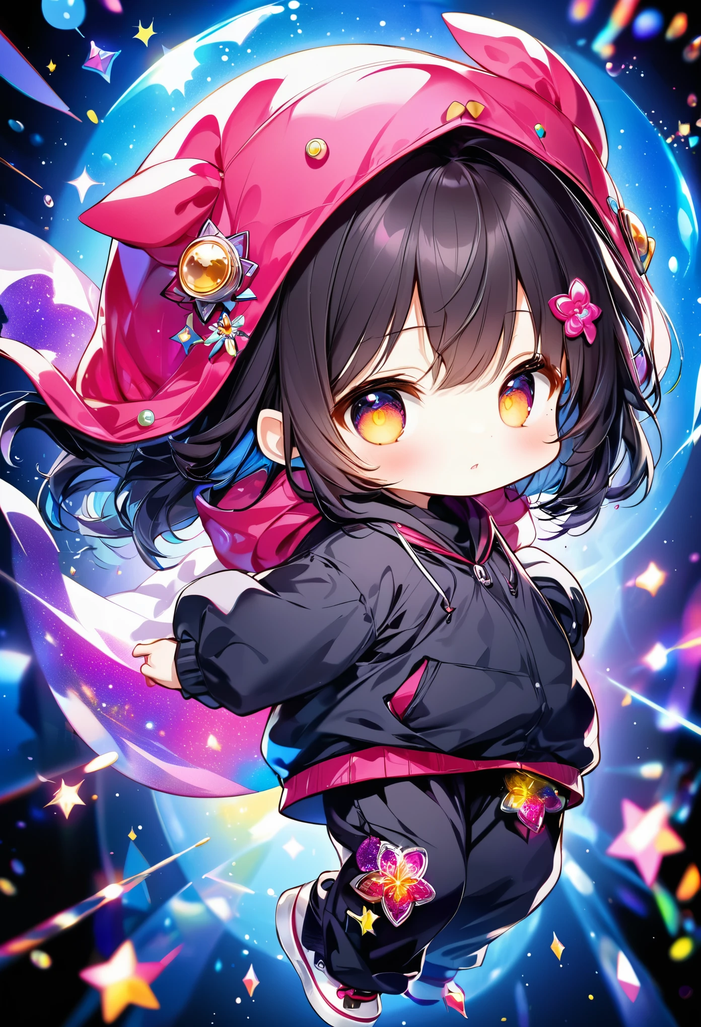 best quality, incredibly absurdres, extremely detailed, 2.5D, delicate and dynamic, chibi, cute girl, wearing baggy clothes, baggy pants, sparkly and vivid color effects, background another dimension