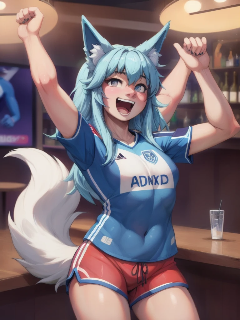 (Masterpiece) (High Detail) (High Res) A short humanoid girl with pale human skin and long blue hair and blue dog ears and a fluffy blue dog tail and average breasts. She is stood wearing an oversized baggy white England Soccer Jersey. England Soccer. Euro 24. White shirt and Navy shorts. She is in a bar and is holding an English flag and has england flag face pair. She looks happy. She is a soccer fan. Nike. Long hair. Arms in the air and singing.