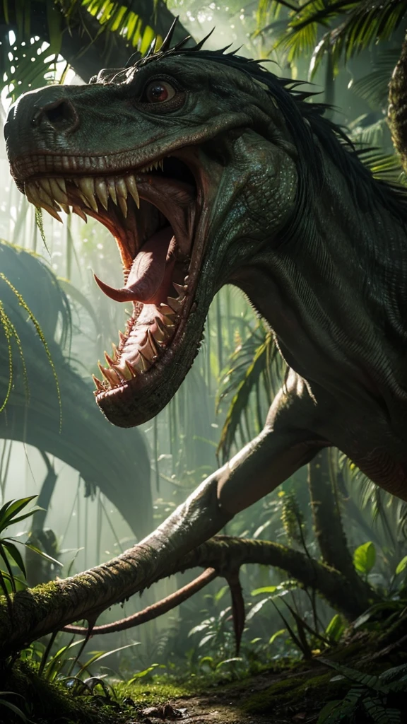 hyperrealistic art, deep within the heart of a dense and mysterious jungle lies a zombie velociraptor, jaw bone protrudes from its rotting flesh, ripped and rotting flesh, unnatural speed and agility it stalks through the undergrowth, searching for prey to satisfy its insatiable hunger, glowing yellow eyes as it approaches its next victim, victim unaware of the impending doom that awaits them in this unforgiving jungle paradise, style of Enki Bilal and Yoshitaka Amano, extremely high-resolution details, photographic, realism pushed to extreme, fine texture, incredibly lifelike,