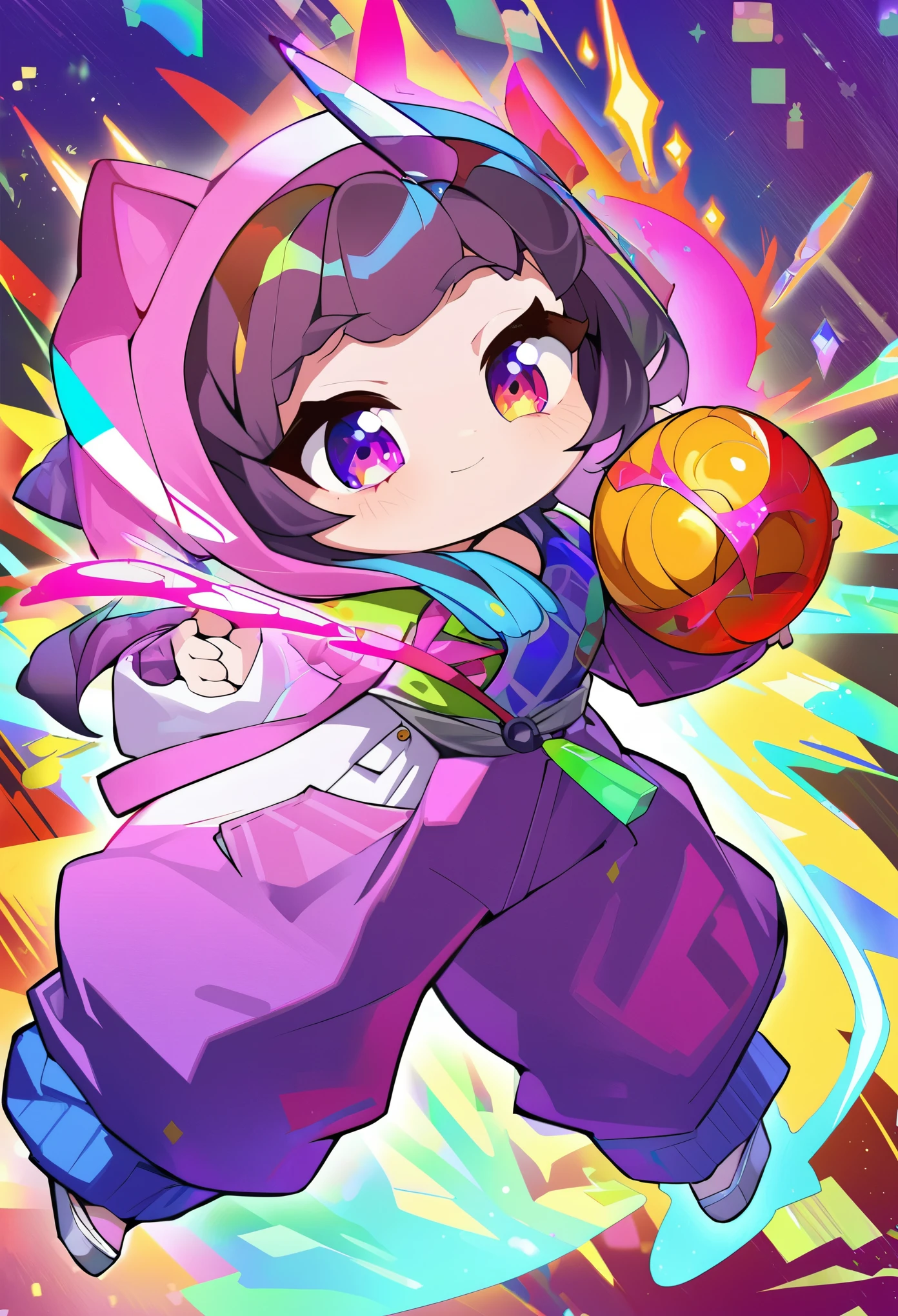 best quality, incredibly absurdres, extremely detailed, 2.5D, delicate and dynamic, chibi, cute girl, wearing baggy clothes, baggy pants, sparkly and vivid color effects, background another dimension