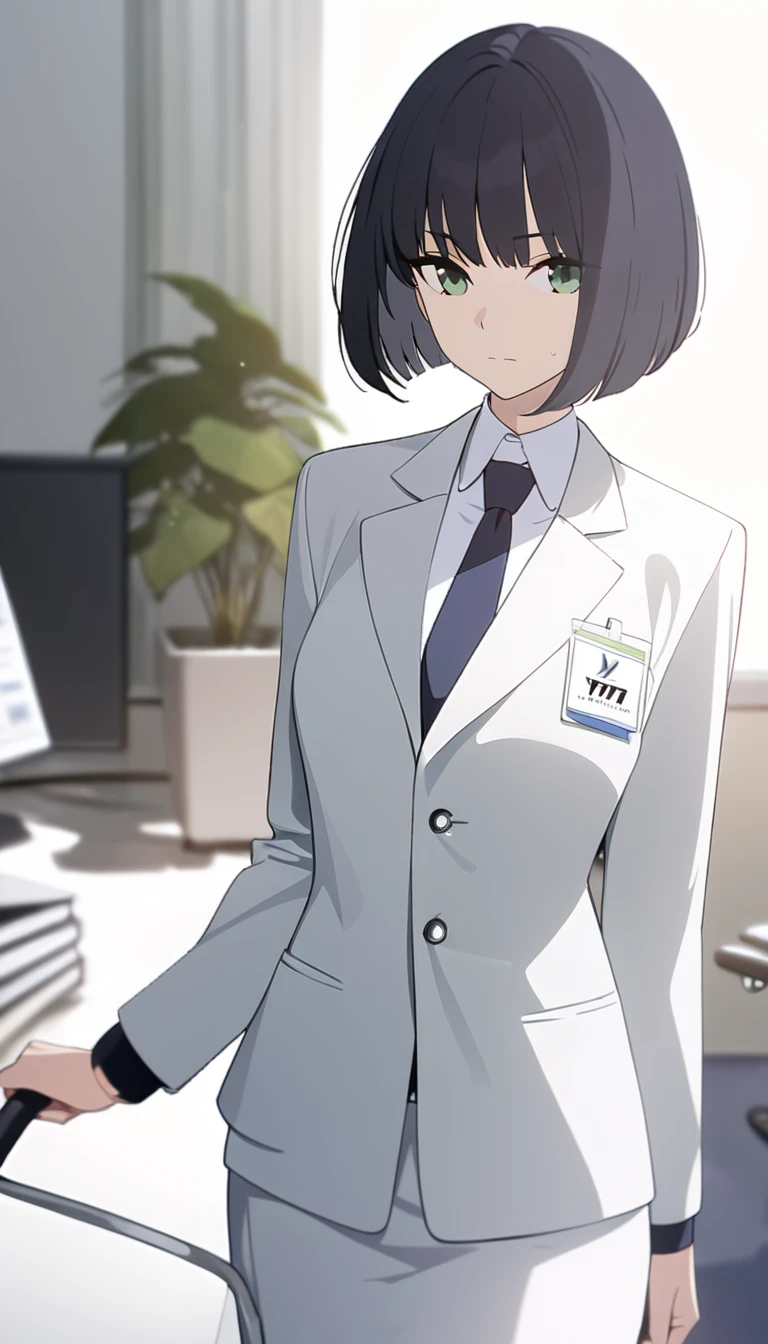 (masterpiece, high quality, best quality, highres,) One Woman, young, black hair, bob cut, Green Eyes, Athletic build, expressionless, closed mouth, office staff suit, Simple white background, standing, cowboy shot, (from the front)