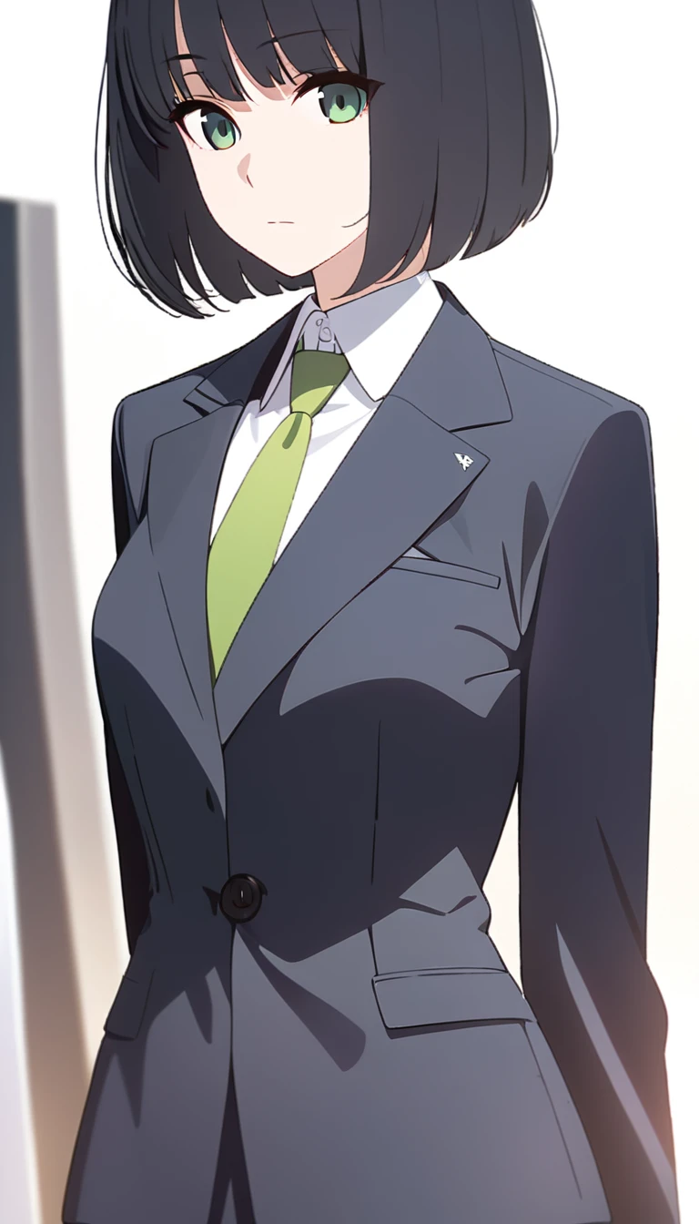 (masterpiece, high quality, best quality, highres,) One Woman, young, black hair, bob cut, Green Eyes, Athletic build, expressionless, closed mouth, office staff suit, Simple white background, standing, cowboy shot, (from the front)