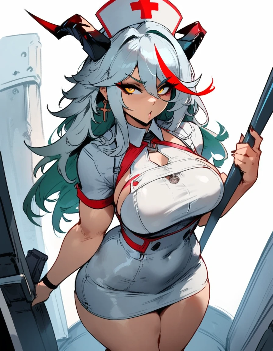 1girl, aegir \(azur lane\), azur lane \\\\\ masterpiece, best quality, very aesthetic, absurdres, newest \\\\\\ sportive body,  \\\\\\ by nyantcha,,by cutesexyrobutts,by khyle ///// silvery white hair with a single prominent red streak, black horns, yellow eyes,  , white background, (nurse outfit:1.2), skirt, standing, pencil skirt, nurse cap
