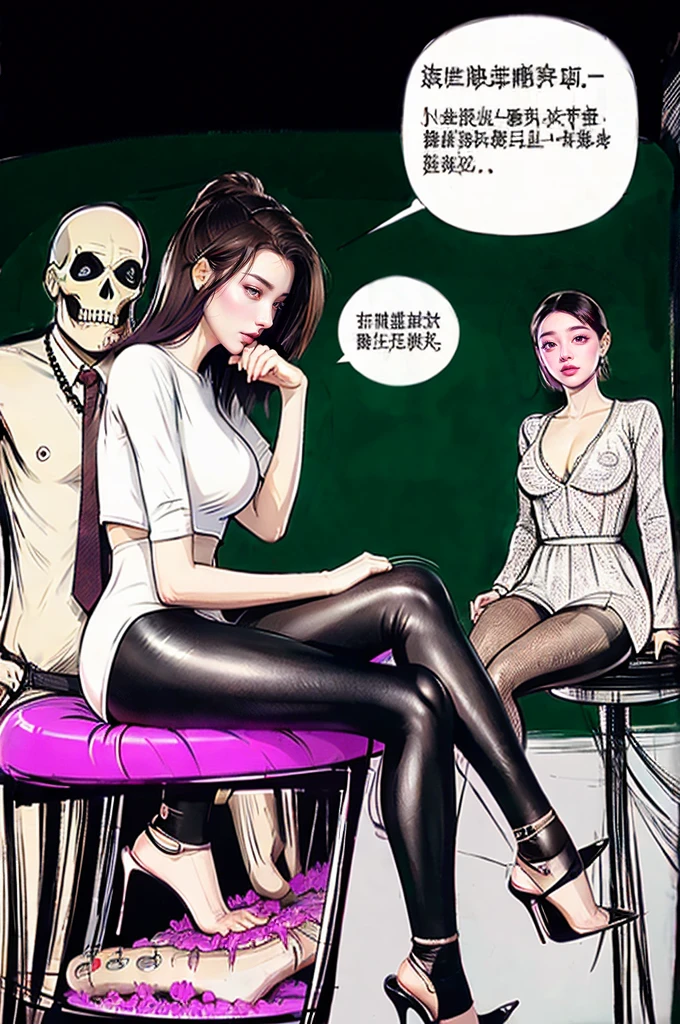 The beautiful girl in lace top and leggings is sitting astride a pile of skeletons in the center of the picture. She is holding a trembling sausage with juice squeezed out in her hand and smiling. There are multiple comic storyboards in the background，cbt, sausage bondage,sausage insertion,Sexy, trampling sausage with high heels heel,(masterpiece, best quality:1.2)，1 beautiful girl,sexy，comic storyboard:2, leggings, sit astride, axially symmetrical:2, ,femdom，sounding，cbt，hold，smile，colorful，leggings，thin gap，cameltoe，insertion，trembling，juice，spray， Long hair,Lace top,Sexy, Shiny leggings, High heel，cleveage, trampling, in forest, saliva , Mucus