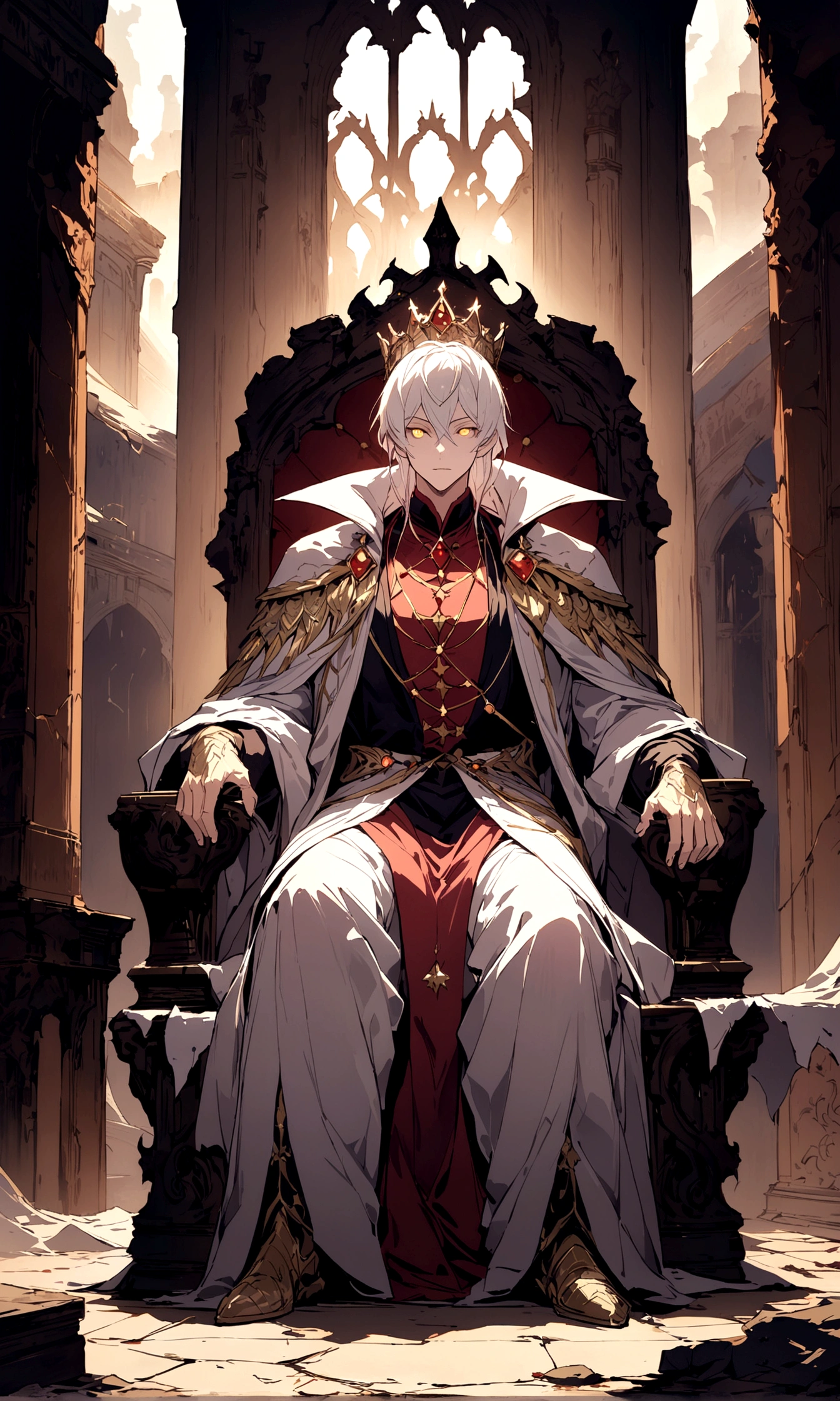A white-haired, golden-eyed prince sits on a majestic throne inside an abandoned palace with crown. The environment around him is dark and gloomy, with cracks in the walls and cobwebs hanging there. The throne is ornate, with details in gold and precious stones, and is covered by a dusty cloth. The protagonist is wearing royal clothing, with a determined expression on his face, as he stares at the horizon with glowing golden eyes, masterpiece, best quality, ultra-detailed, illustration, 8k resolution concept art, fantasy art, epic art, concept art wallpaper 4k, deep color, natural lighting. adult, handsome, tall muscular guy, broad shoulders.