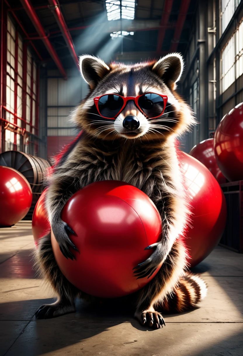 a photorealistic raccoon wearing sunglasses casually leaning on a large red ball in an industrial hall, detailed facial features, intricate fur textures, dramatic lighting, highly detailed background, cinematic composition