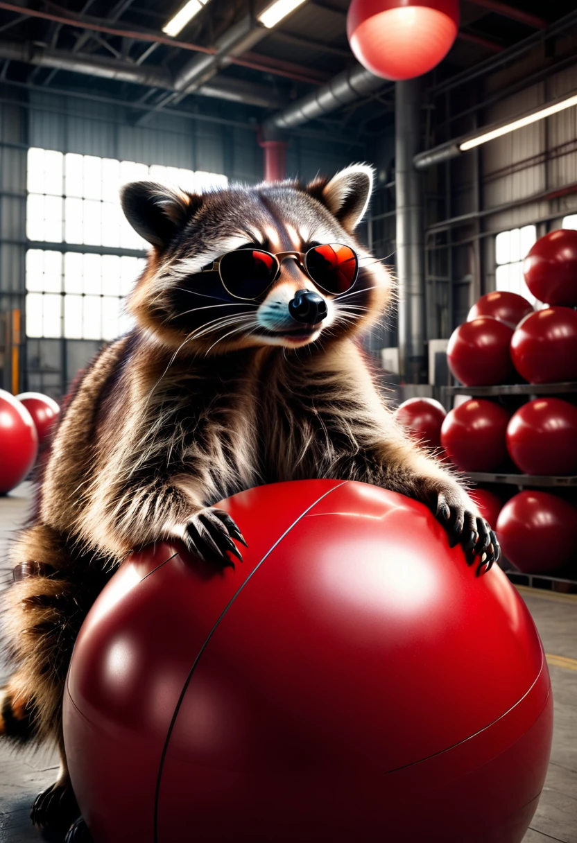 a photorealistic raccoon wearing sunglasses casually leaning on a large red ball in an industrial hall, detailed facial features, intricate fur textures, dramatic lighting, highly detailed background, cinematic composition