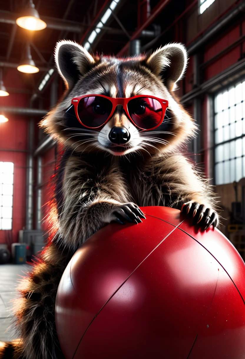 a photorealistic raccoon wearing sunglasses casually leaning on a large red ball in an industrial hall, detailed facial features, intricate fur textures, dramatic lighting, highly detailed background, cinematic composition