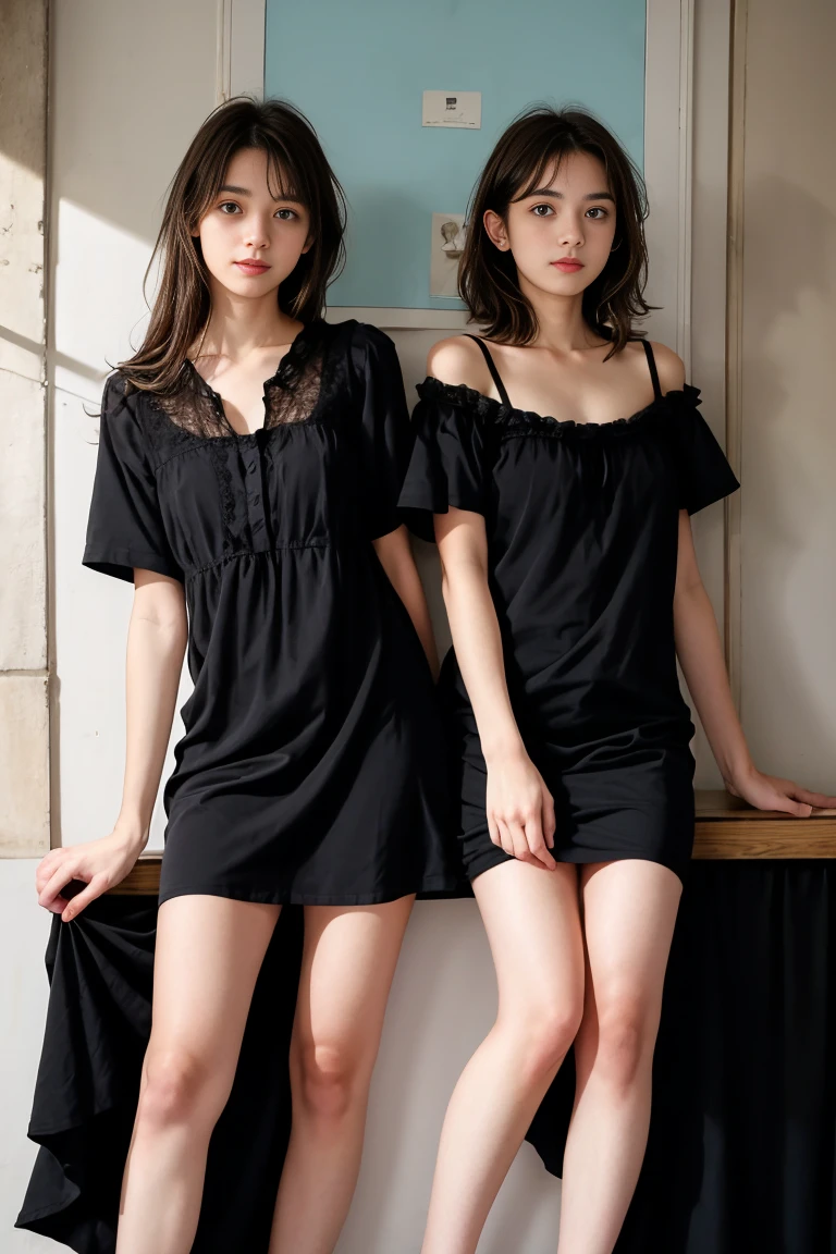 deux femmes ensemble de 18 ans sexy et mince , black short sleeve nightdress , jambe visible , se touche,salle de classe