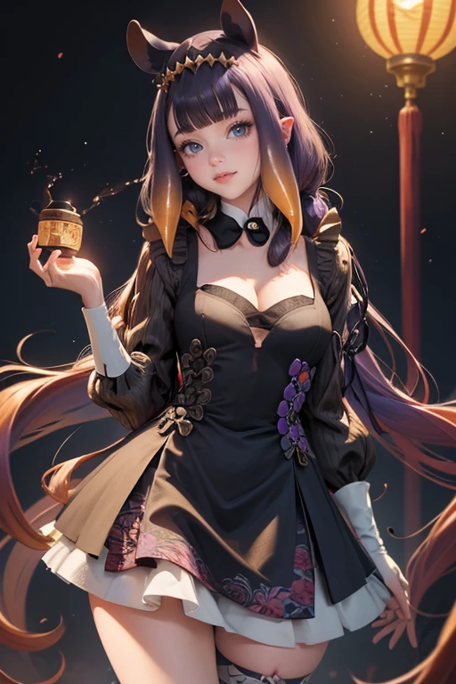 Ninomae Ina'nis, VTuber, multicolored hair, violet hair, orange hair, ornament hair, perfectly body, perfectly hands, long hair, maid, maid dress, maid headdress, maid apron, white apron, holding a lantern, Chinese lantern, garden scenery, red roses on focus, gold lantern, Chinese style, Chinese maid dress, violet dress, more details on her clothes, black dress with transparency, golden details, night, ((4k, masterpiece, top-quality)),8k, best quality, high resolution, HD, (illustration:0.8), super cute girl, delicate and beautiful face, 1girl, solo, mature girl, super cute hairstyle, (beautiful detailed eyes:1.6), extremely detailed face, perfect lighting, extremely detailed CG, (perfect hands, perfect anatomy), Best quality, cleavage, small skirt, full Body,